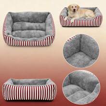 Striped Pet Bed, Rectangular Soft Plush Cat & Dog Bed - Red - View 3