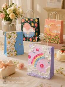 2pcs/4pcs/6pcs Floral Art Print Kraft Paper Gift Bags, Oil Painting Style Tote Bags With Rainbow Clouds, Cornflower Blossoms And Starry Sky Designs, Decorative Gift Wrapping Bags For Flowers, Souvenirs, Party Favors, Holiday Gifts, Reusable Bags - Oil Painting Style Tote Bag - View 3