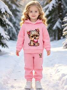 Conjunto de 2 piezas/Set para niñas jóvenes, sudadera con capucha y pantalones de estilo deportivo, casual, minimalista, dulce y suave, con estampado de cachorro de dibujos animados, corazón y piruleta, para otoño/invierno - Rosa - Ver 6