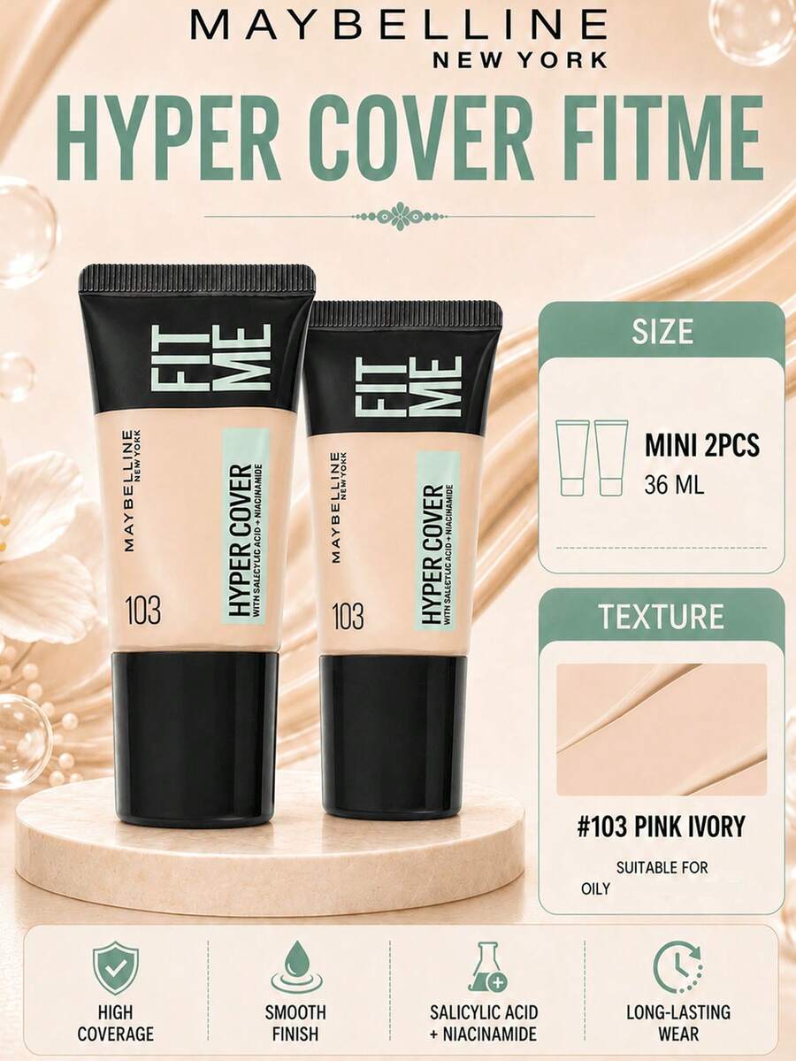 Maybelline 美寶琳客製化粉底液完美版 103，試用裝 18ml*2件，輕盈貼膚質地，高遮瑕，持久，抗暗沉，粉1號白色