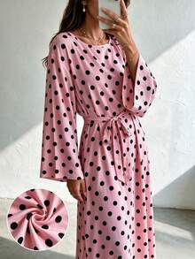 1pc Women's Polka Dot Dress, Wide Sleeves, Self-Tie Waist, Flowy French Style, Casual Commute Dress - Multicolor - View 14