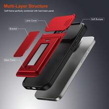 Card Holder Stand Phone Case Integrated Slide Lens Cover + Card Slot Storage + Hidden Stand 3-In-1 Function, Full Coverage Lens Protection, Dustproof & Scratch-Resistant, Easy Card Storage, Horizontal & Vertical Dual-Use Stable Support, Compatible With IPhone 16/17, / And More - Red - View 6