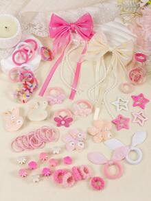 841pcs Pink Fairy Girl Hair Accessories Set, Includes Ribbon Bow Hair Clips, Rabbit/Flower Hair Clips, Star Snap Clips, Mini Claw Clips, Butterfly/Rabbit Ear Hair Ties, Bamboo Knot Towel Ring Ruffled Elastic Hairbands And TPU Hair Ties, Suitable For Daily, Party, Travel Use - Multicolor - View 6