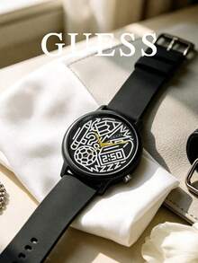 GUESS Men's Black Silicone Strap Quartz Watch, Round Graffiti Print Dial Sports Casual Wristwatch, Minimalist Fashion Daily Timepiece - Black - View 4
