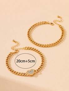 2 piezas Tobillera de cadena gruesa con corazón de estilo de playa metálico para mujeres (sin caja de regalo) - Dorado - Ver 4