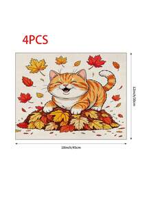 Camino de mesa con diseño de gato y hoja de arce para el Festival de Cosecha de Acción de Gracias, estilo pastoral de otoño, decoración del hogar y cocina de Acción de Gracias, camino de mesa, mantel individual, funda de almohada, decoración del hogar y suministros para fiestas del Festival de Cosecha de Acción de Gracias - Multicolor - Ver 14