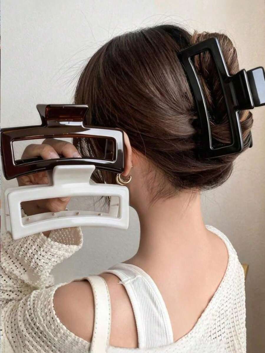 3pcs/1pc Women's Oversized Brown Black White Glossy Plastic Hair Clips, Lightweight Fashion Versatile Elegant Minimalist Solid Color Hair Claws, Suitable For Daily Wear, Outings, Casual, Party, Commute, Beach, Vacation, Tying Hair, Ponytail, Updo, Washing Face, Bathing, Makeup, Matching Clothes, Hair Accessories - Multicolor - View 1