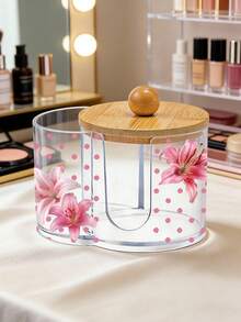 Mini Polka Dot Lily Pattern 2-In-1 Bamboo Lid Plastic Storage Box, With Dual Round Holes Cosmetic Organizer, Suitable For Makeup Brushes, Beauty Tool Bag, Makeup Organizer Box, Vanity Accessories, Makeup Bag, Creative Gift For Women (Mini Size) - Multicolor - View 3
