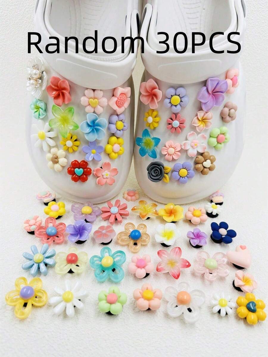 30pcs Cartoon Resin Coffee Color Bear & Flower Random Pattern Clog Shoe Charms Set