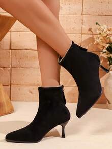 Women's Fashion High Heel Ankle Boots, Black Suede Pointed Toe Stiletto Heel Back Zipper Ankle Boots, Thermal Lined Warm - Black - View 4