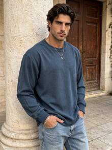 Men's Spring/Autumn Fashion Casual Minimalist Loose Fit Crew Neck Long Sleeve T-Shirt - Navy Blue - View 4