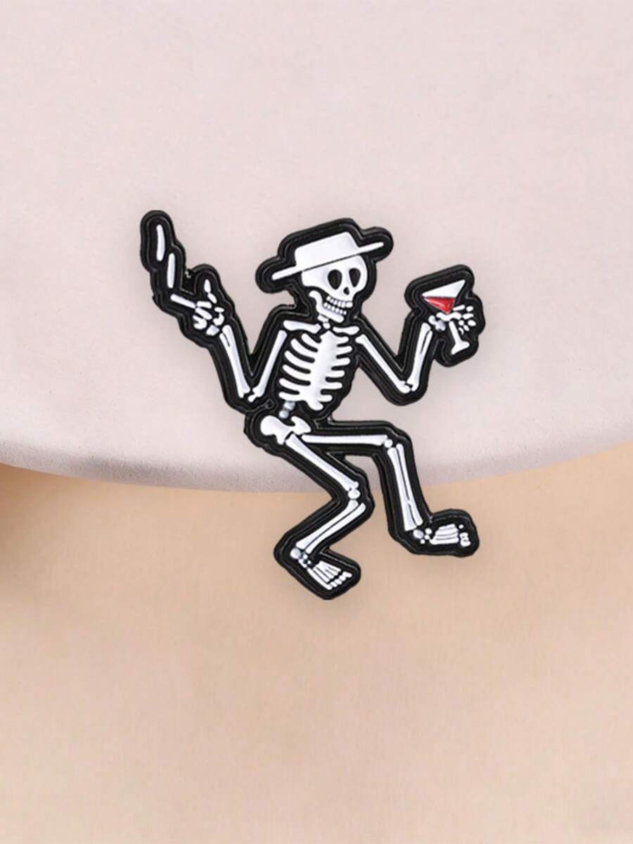 American Party Dancing Skeleton Cocktail Enamel Pin Vintage Hat Dark Punk Cartoon Brooch Jacket Decor Badge