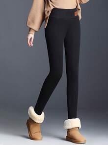 1 Pasang Legging Tebal Hangat Wanita Motif Huruf Warna Polos Musim Gugur/Dingin, Cocok untuk Aktivitas Luar Ruangan - Hitam - View 4
