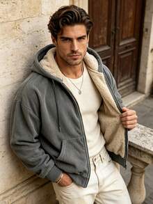 Men's Winter Casual Solid Color Minimalist Hooded Thermal Lined Jacket - Grey - View 2