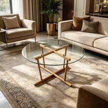 JULONGC 27.56 Inch Round Tempered Glass Coffee Table Minimalist Accent Table With Grain Cross Metal Legs Anti-Collision Small Side Table For Living Room Bedroom Balcony Home Decor - Natural + Transparent + Tempered Glass + Round - View 11