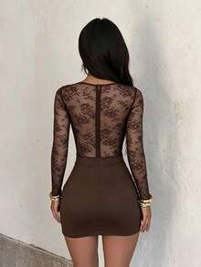 Women's Autumn Brown Lace Long Sleeve Sexy Mini Dress, Party Birthday Holiday Back To School Wedding Style - Brown - View 6