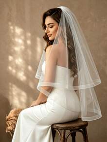 1pc Double Layer Fishbone Edge Bridal Veil, Short Length With Hair Comb, Suitable For Wedding, Bridal Photography And Bachelorette Party - Multicolor - View 1