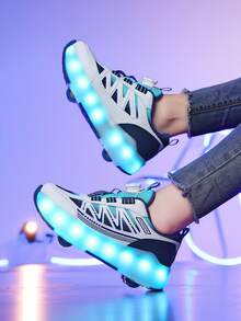 Unisex LED Rechargeable Light-Up Roller Shoes, Children's Multi-Functional Transformable Roller Skates With Detachable Wheels, Suitable For All Seasons, Outdoor And Sports Skating - Blue - View 8