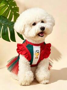 LUCKIE PAL 1件裝 MEXICO 字母拼色荷葉袖公主風寵物洋裝，適合吉娃娃小型犬，婚禮季節適用，貓狗室內外穿著 - 彩色 - 查看 2