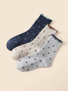 3 Pairs Multi-Size Women's Mid-Calf Socks, All-Season Vintage Ins Style, Full Body Floral Polka Dot Ruffle Lace Trim, Sweet Girl Luxury Style Women's Socks, Vintage Slouch Socks, Random Color - Multicolor - View 10