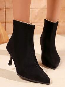 Women's Fashion High Heel Ankle Boots, Black Suede Pointed Toe Stiletto Heel Back Zipper Ankle Boots, Thermal Lined Warm - Black - View 2