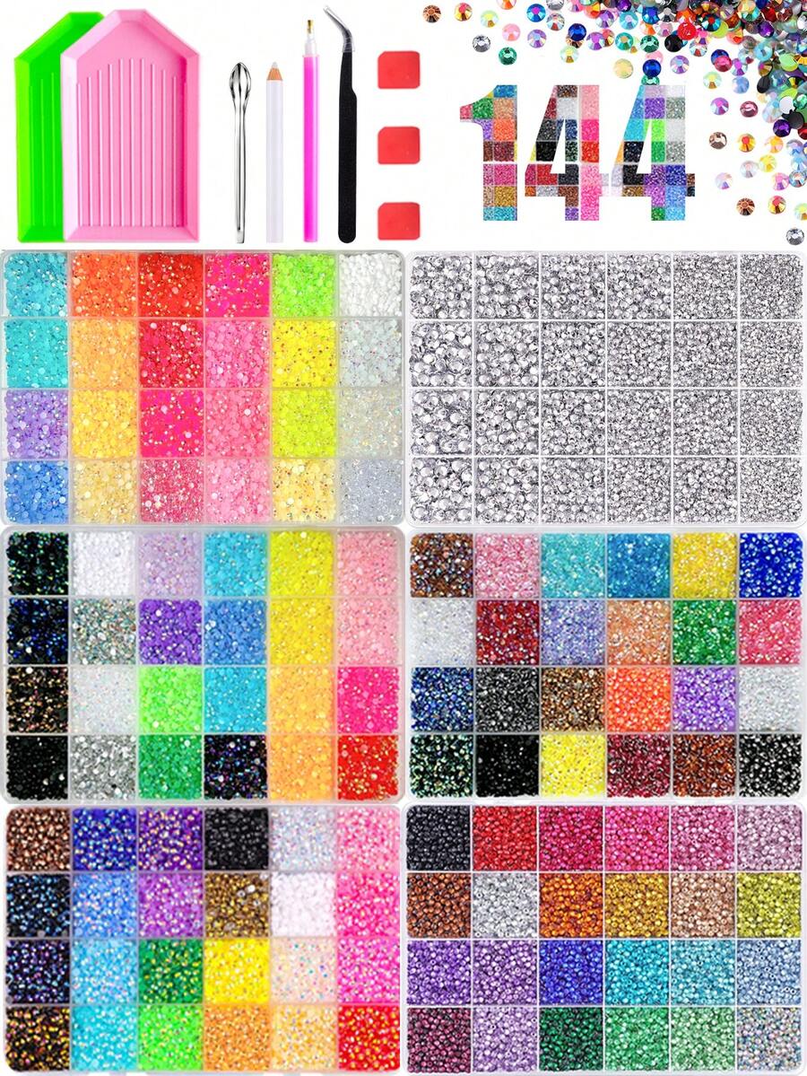 Set de 6 cajas con 144 rejillas de cristales de resina AB de colores mixtos, cristales iridiscentes de colores aleatorios para arte de uñas, incluye bandeja para cristales, pinzas, cuchara, lápiz de cera, decoración de cristales brillantes, adecuado para decoración diaria DIY - Multicolor - Ver 1