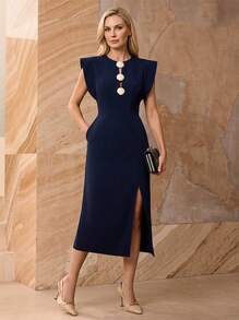 Party Long Dress, Shell Button Hollow Out Mid-Length Black Dress, Elegant High Waist Pocket Formal Party Cocktail Dress Summer - Royal Blue - View 2