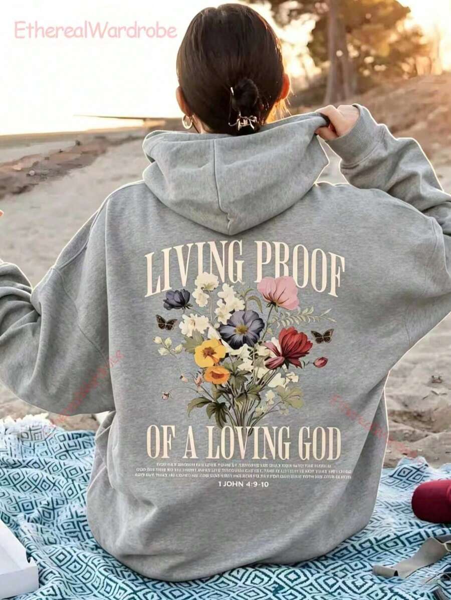 Christian Faith Hooded Sweatshirt The Back Is Printed With The Words "LIVING PROOF OF A LOVING GOD" Along With A Floral Pattern.Unisex Vintage Hoodie - 灰色1 - 查看 1
