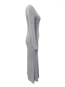 LovelyWholesale Women's Sexy Solid Color Wrap V-Neck Long Sleeve Maxi Dress, Autumn/Winter Casual Wear - Grey - View 5