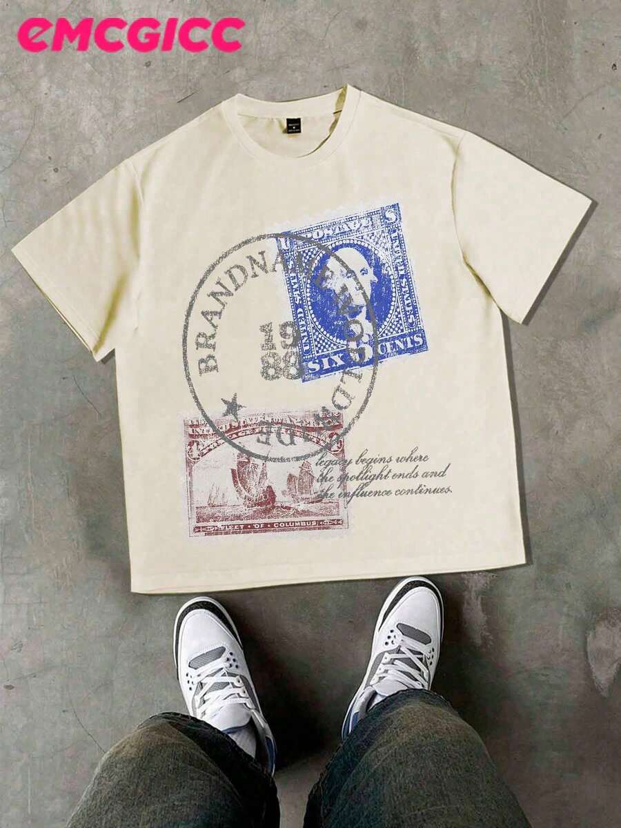 EMCGICC Manfinity Street Life Men's Y2k Retro Graphic Funny Printing,Hip Hop Summer Tops Round Neck Short Sleeve Casual T-Shirt, Summer Street Sports Life - 杏色 - 查看 1