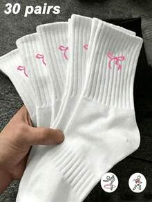 1/5/6/20/30雙女款粉色蝴蝶結白色中筒運動襪－簡約舒適甜美柔軟－適合日常穿著、運動、派對 - 白色 - 查看 13