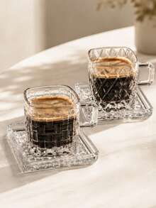 Square Textured Glass Coffee Cup & Saucer Set, Thick Transparent Espresso Cup With Handle, Woven Or Diamond Pattern, Dishwasher , Suitable For Coffee, Latte, Tea, Breakfast, Home & Office - Multicolor - View 2