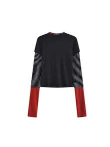 Kaos Lengan Panjang Wanita Motif Patchwork Warna Kontras, Potongan Slim Fit 2 In 1 Atasan Layering, Blus Bergaris (Garis Acak) Kasual Hitam - Hitam - View 6