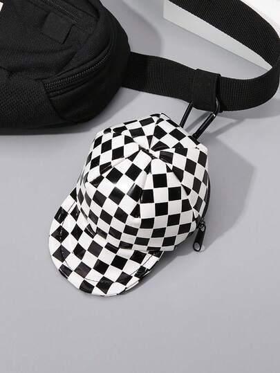 Bolsa para auriculares, estuche para llaves, colgante para mochila, bolsa pequeña con forma de gorra de béisbol a cuadros blanco y negro, monedero de marca, bolsa de maquillaje para mujer con patrón a cuadros, puede contener llaves, auriculares, monedas, lápiz labial