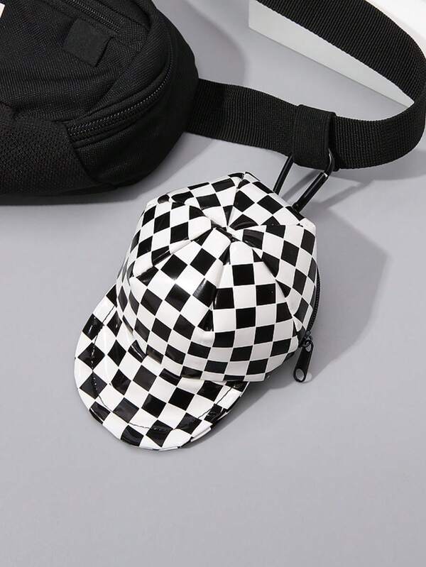 Earphone Bag Key Pouch Backpack Charm, Black And White Checkerboard Baseball Cap Shaped Small Bag, Brand Coin Purse Women's Makeup Pouch Checkerboard Pattern, Can Hold Keys Earphones Coins Lipstick