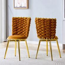 Set Of 2 Modern Luxury Velvet Woven Dining Chairs With Gold Metal Legs, Padded Seats, And Woven Rope Backrests, Suitable For Dining And Living Rooms – Orange - Gold, Orange - View 5