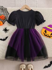 Halloween Girls Toddler Dress, Cute Casual Purple Spider Web Print Petal Sleeve Short Sleeve Round Neck Mesh Patchwork Dress - Purple - View 4