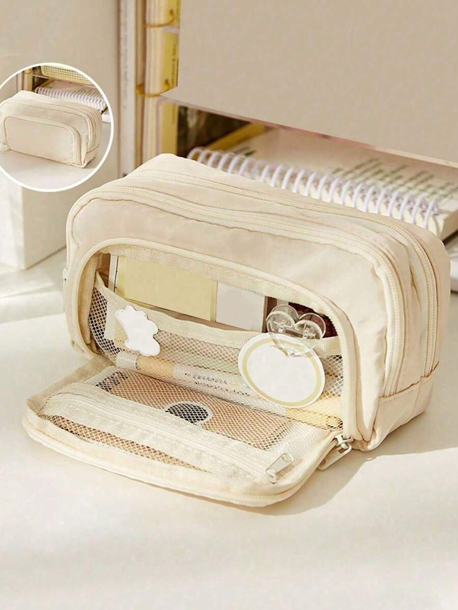 1pc Large Multi-Compartment Pencil Case, Waterproof Portable Stationery Storage Bag, Cute Organizer Pouch, Suitable For School, B, First Day Of School - Multicolor - View 1