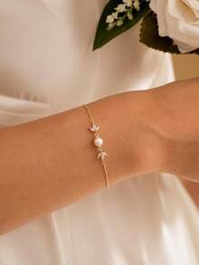 1PC Dainty 14K Gold Thin Chain Bracelet, Single White Pearl Charm Delicate Wrist Jewelry, Minimalist Elegant Bracelet For Women Wedding Daily Party - Gold - View 6