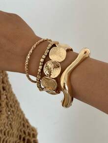 4/1pc Fashion Asymmetric Design Bracelet & Bangle Set, Suitable For Women's Daily Wear And Party - Yellow Gold - View 3