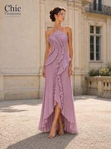 Blush Pink:Blush Pink Ruched Halter Asymmetrical Hem Long Dress - 粉紅色 - 查看 2