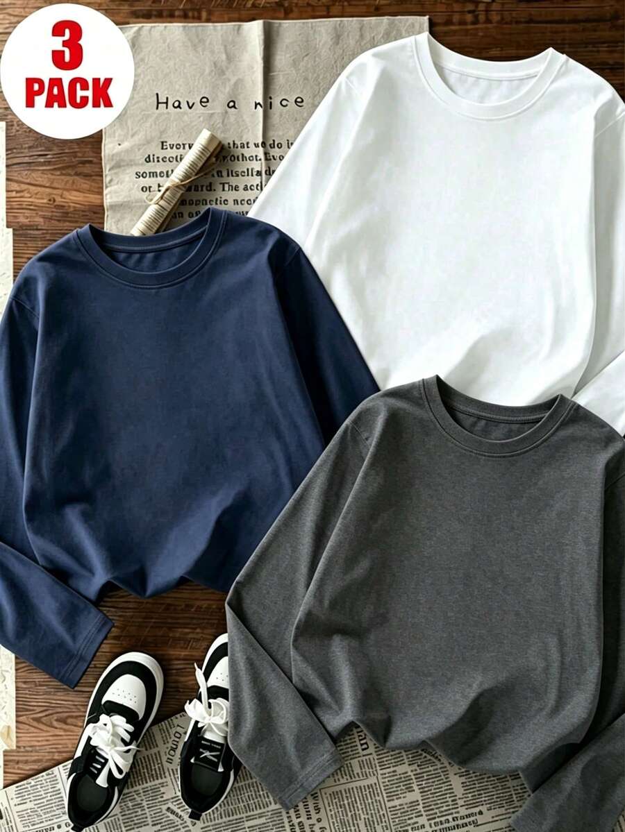 Tween Girl 3pcs Printed Long Sleeve T-Shirt, Suitable For Tween GirlsAutumn/Winter Tops, Young Student Children's Clothing, Suitable For Outerwear And Layering - Multicolor - View 1