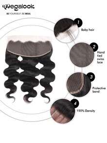 MEGALOOK Ekstensi Rambut Manusia Asli 100% dengan Penutup Depan Renda 13x4, Gelombang Tubuh, Bagian Bebas, Lembut, Panjang 8-20 Inci, Warna Alami, Belum Diproses, Rambut Perawan Brasil, Belum Dicabut, untuk Wanita - SNatural - View 5