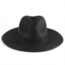 Unisex Wide Brim Panama Straw Hat, Foldable Lightweight Beach Sun Hat, Black Ribbon Decor, UV Protection, Suitable For T - Multicolor - View 9