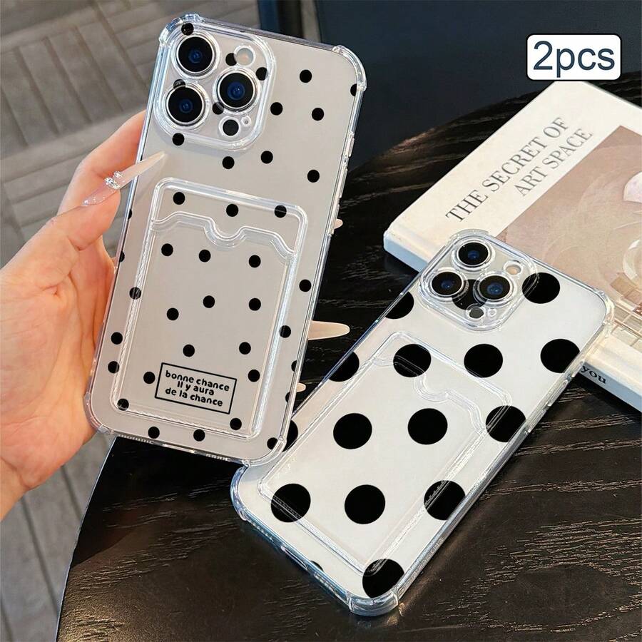 2件裝波點印花卡槽手機殼 TPU 防震全包精準保護套 適用 Apple 11/12/13/14/15/16/17 Pro Max - 無色 - 查看 1