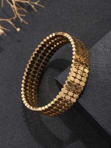 1pc Stainless Steel 18K Gold Plated Hollow Watch Band Extra Wide Clasp Bracelet, Luxury Polished Segmented Bangle - Cut-out Strap Ultra-wide Bracelet - View 3