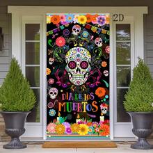 1 Peça Cortina de Porta Estilo Mexicano com Caveira de Açúcar e Padrões Florais para Decoração de Festa do Dia dos Mortos, Feita de Material de Poliéster, Adequada para Decorações de Festa de Halloween, Decorações de Varanda, Etc. - A - Visão 4