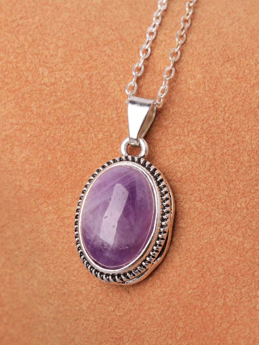 1pc Amethyst Gemstone Pendant Necklace, Couple's Gemstone Necklace - Purple - View 1
