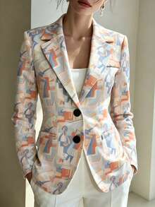 Women Long Sleeve Geometric Lapel Blazer, Open Front Jacket With Side Pockets, Chic Commuter Outerwear For Office & Daily, Spring Summer Autumn Winter - Orange - View 7