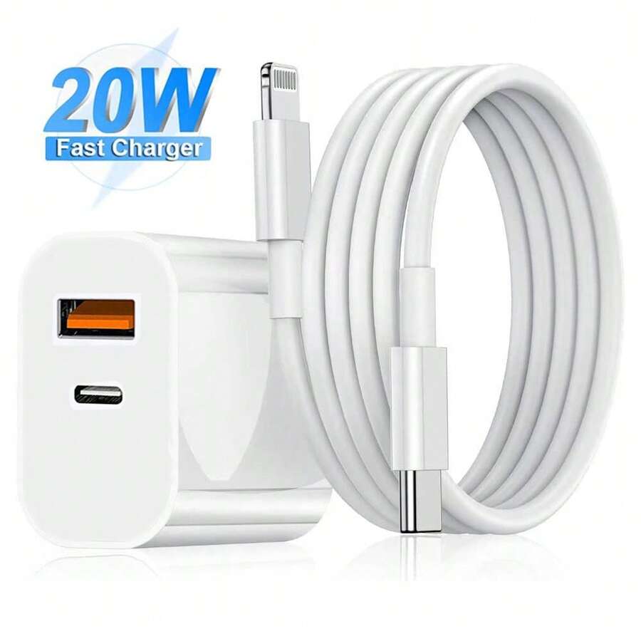 USB C+USB Dual Port PD 20W Fast Charging Wall Adapter + 3.3ft/100cm High-Efficiency Data Transfer Fast Charging Cable Compatible With IPhone 14 Series/14 Pro Max/14 Pro/14 Plus/14/13/12/11/XS/XR/8/7/6/ Series - View 1